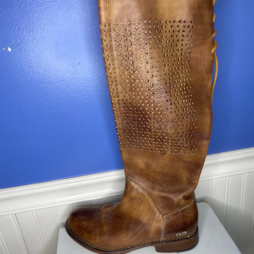 Bed Stu Brown Perforated Leather Heeled Riding Boots - Picture 3 of 4